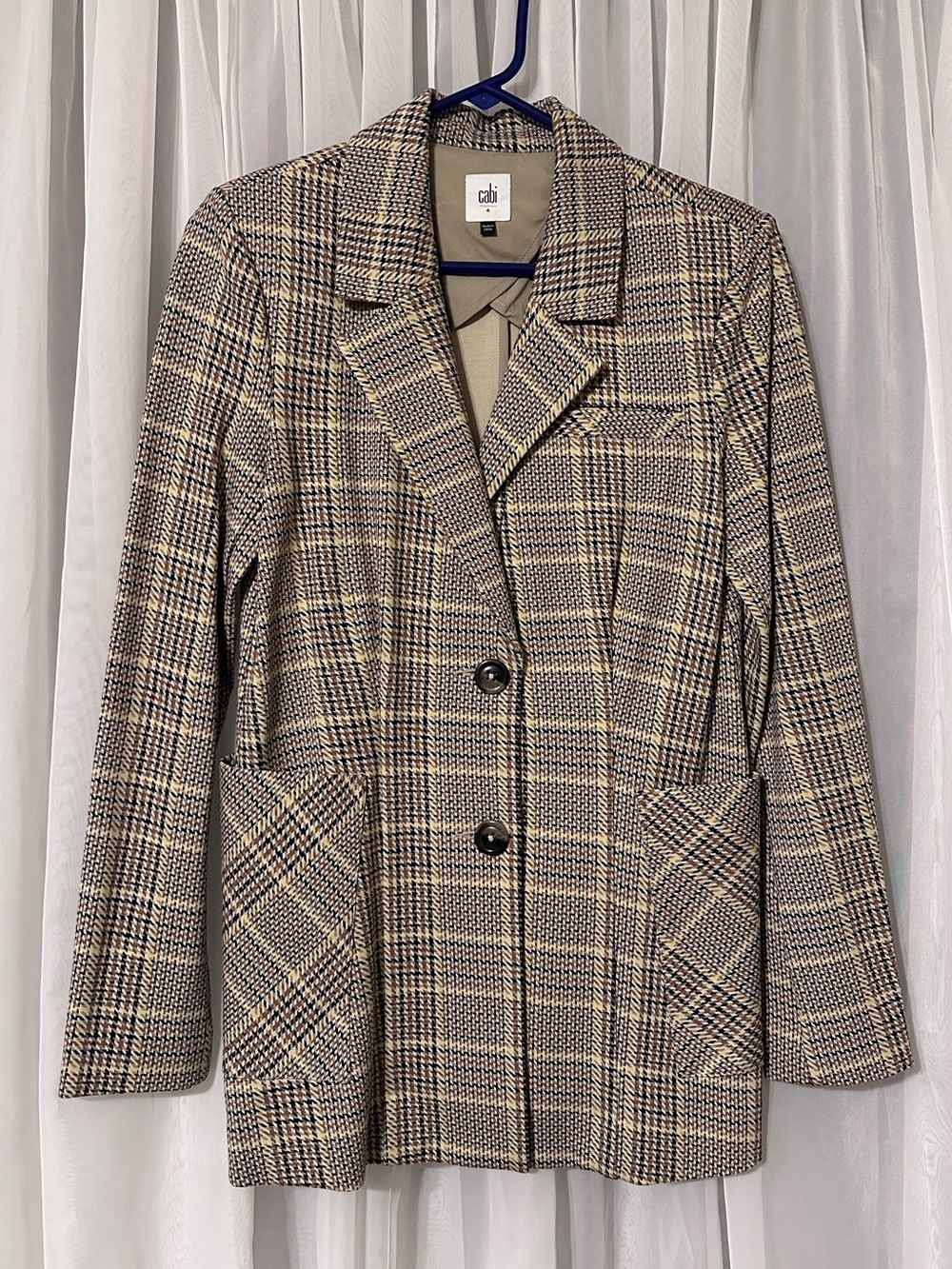 CAbi Pastime Taupe Brown Yellow Multi Plaid Blazer Jacket Size 4